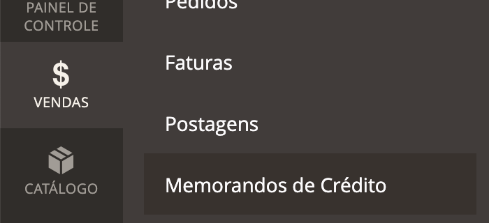 Menu magento Memorandos de crédito
