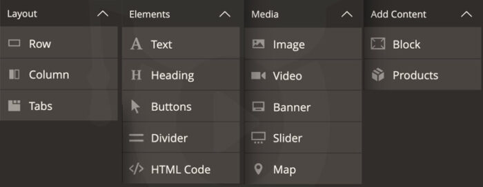Elementos disponíveis no Magento Page Builder