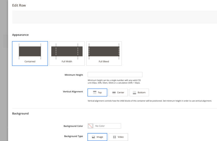 Edição de elemento de layout (linha) no Editor de páginas do Magento