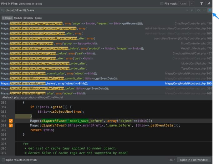 Busca de eventos disponíveis no Magento usando expressão regular no PhpStorm