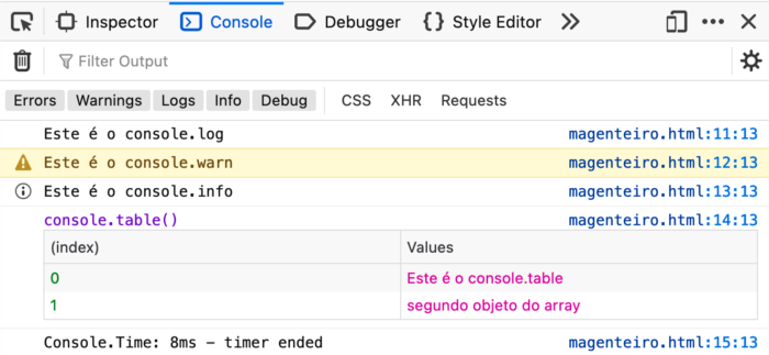 Métodos do console no Firefox
