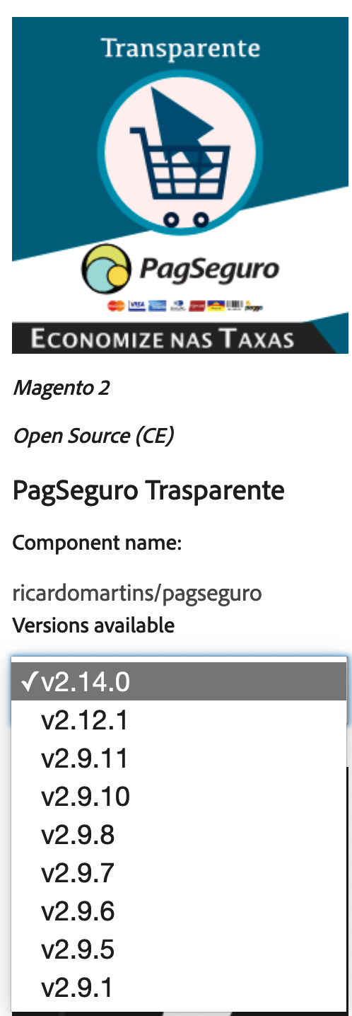 Exemplo do módulo PagSeguro listado na área de módulos comprados no Magento Marketplace
