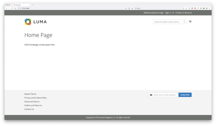 Home do Magento 2.4 sendo servida com servidor embutido do PHP (php -S)