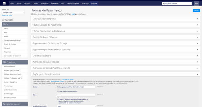 Screenshot área administrativa OpenMage LTS