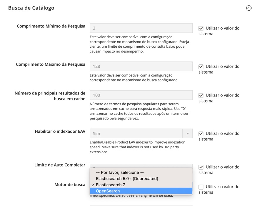 Configurações do motor de busca no Magento 2
