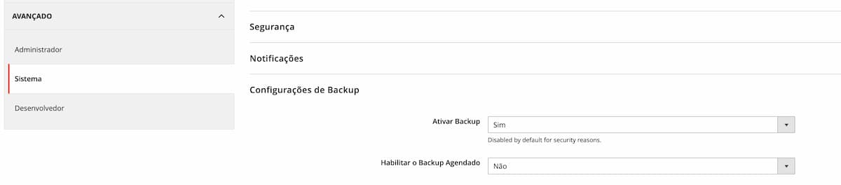 Configurações de Backup Magento 2