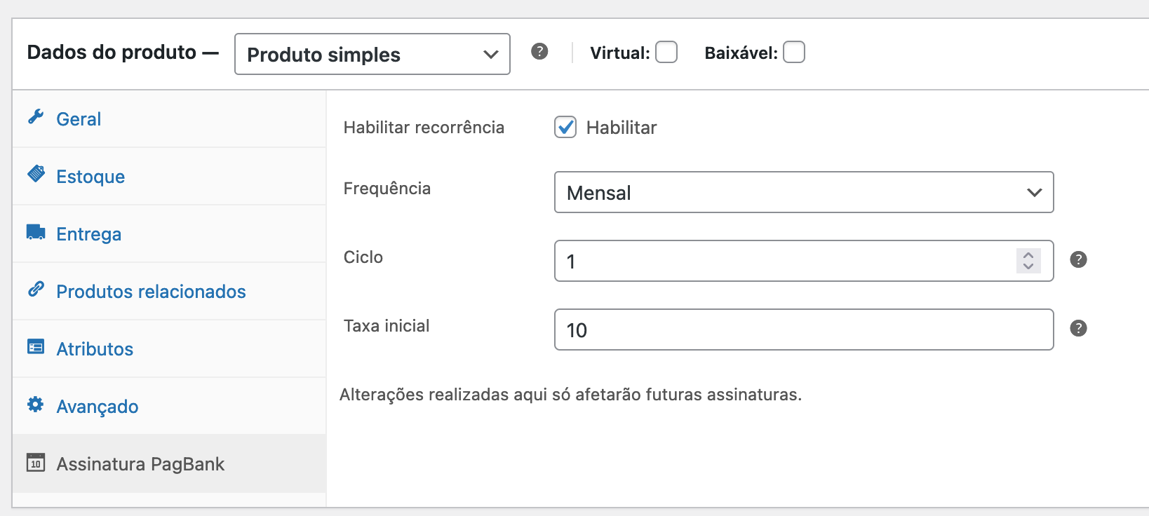 Detalhes da configuração de assinatura PagBank em um produto WooCommerce