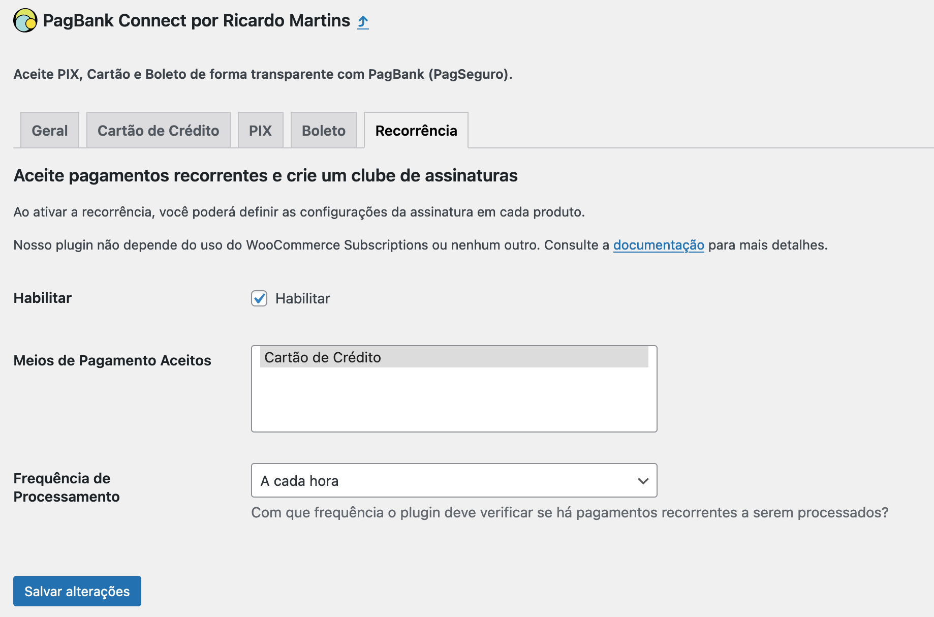 Tela de configuração de pagamentos recorrentes no WooCommerce